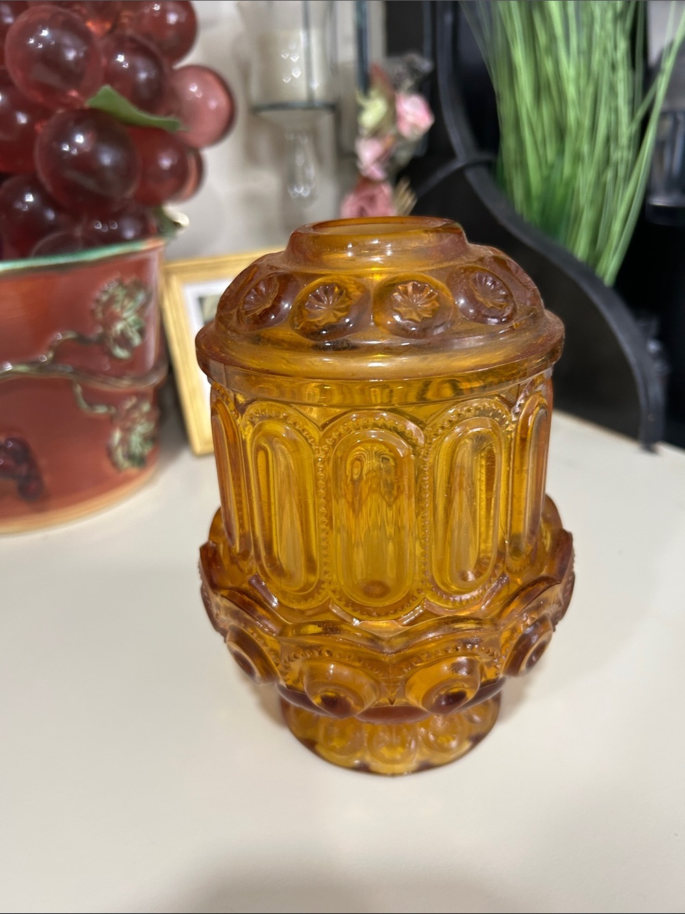 Fairy Lamp L E Smith Amber Pressed Glass- Large